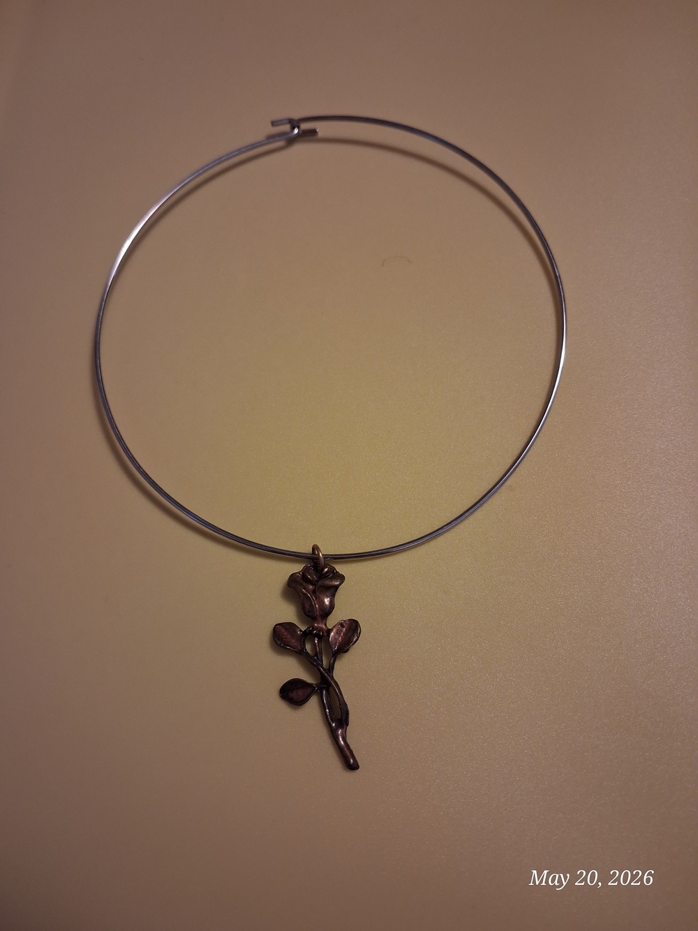 Source Unknown Silver Bangle Necklace with Bronze Rose Charm